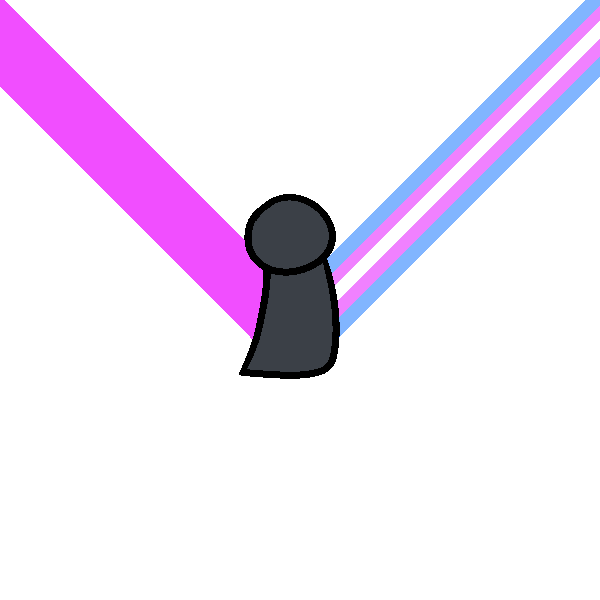A gray figure standing at the intersection of two lines. One is the colors of the trans flag, and one is pink.